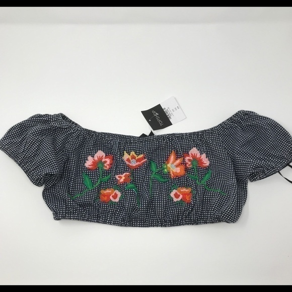 Topshop Black Gingham Crop Top Embroidered Flowers - Picture 3 of 7